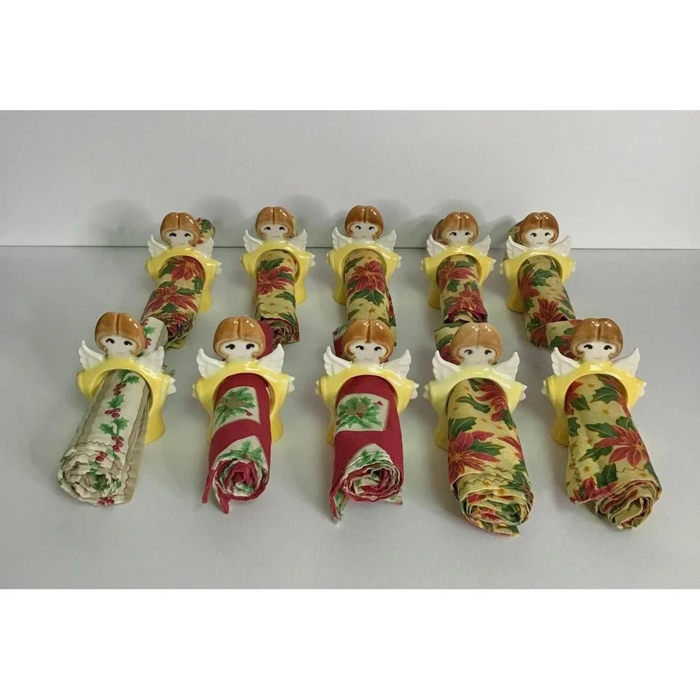 Vintage‎ Christmas Angel Ceramic Napkin Rings & Cloth Napkin 10 Kitschy Holiday